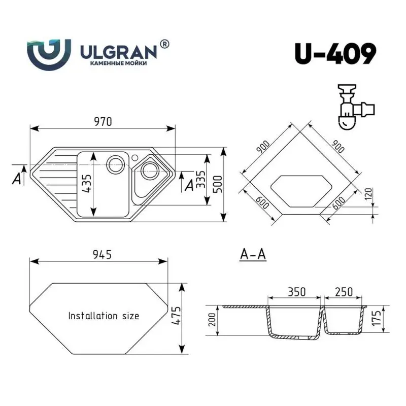 Мойка кухонная Ulgran Classic 97 U-409-308 Черный Мойка кухонная Ulgran Classic 97 U-409-308 Черный — изображение 4